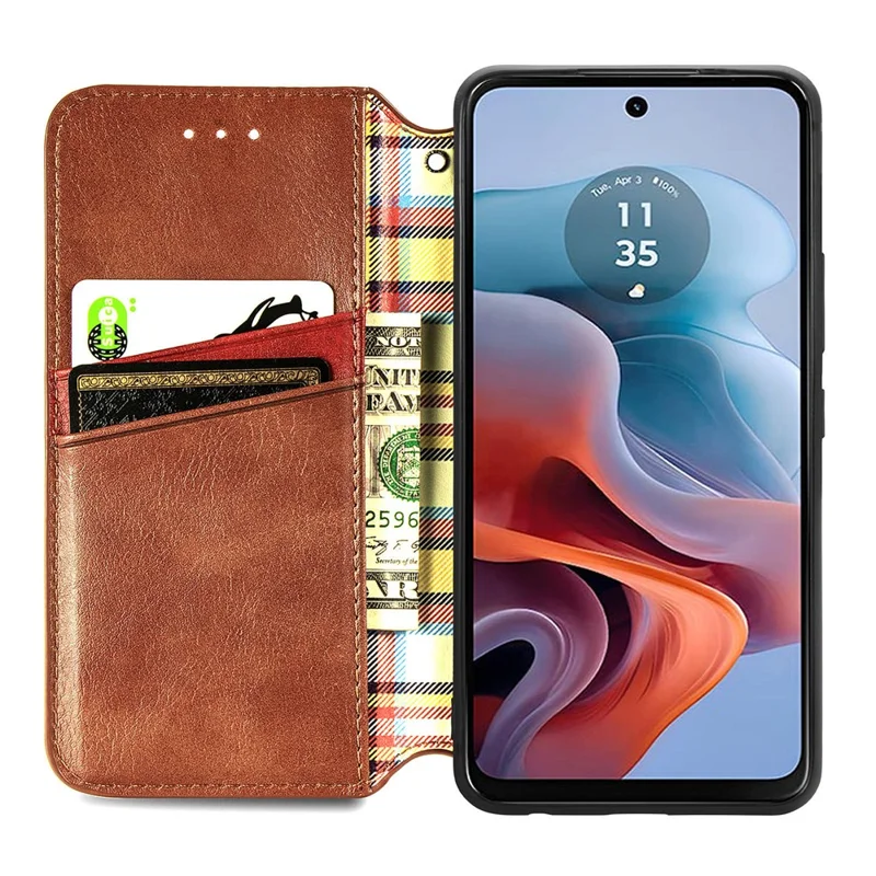 For Motorola Moto G45 5G / G34 5G PU Leather Case Rhombus Imprint Wallet Stand Phone Cover - Brown