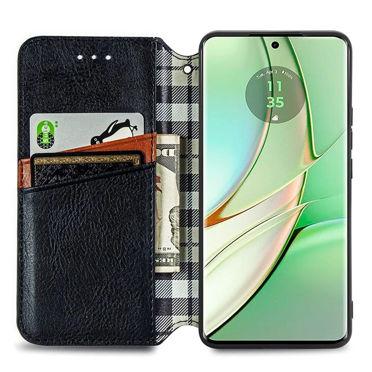 Para Motorola Edge 40 5G Funda Tipo Cartera Anticaídas Con Relieve de Rombos de Cuero Funda de Teléfono - Negro