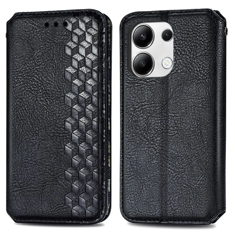For Xiaomi Redmi Note 13 4G PU Leather Case Rhombus Imprint Wallet Stand Phone Cover - Black