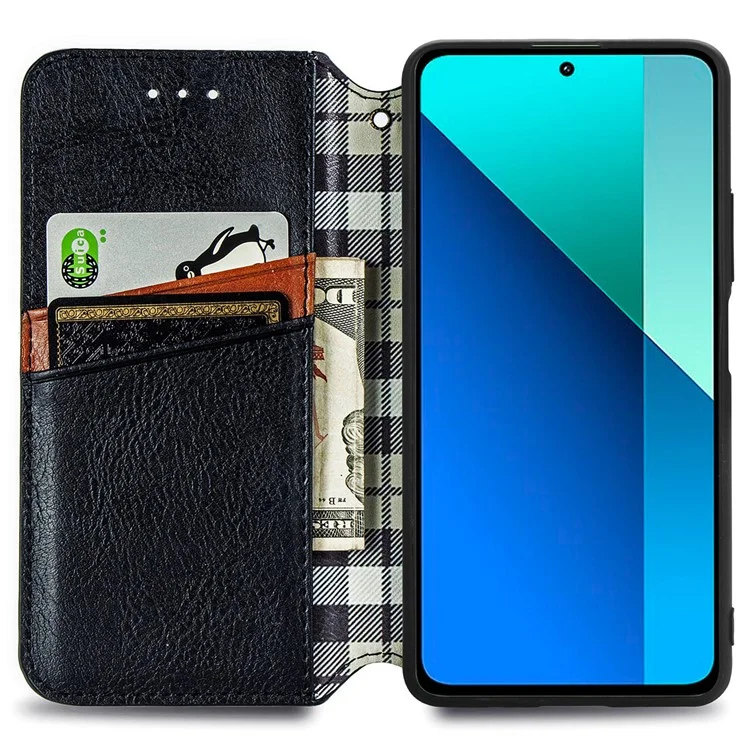 For Xiaomi Redmi Note 13 4G PU Leather Case Rhombus Imprint Wallet Stand Phone Cover - Black