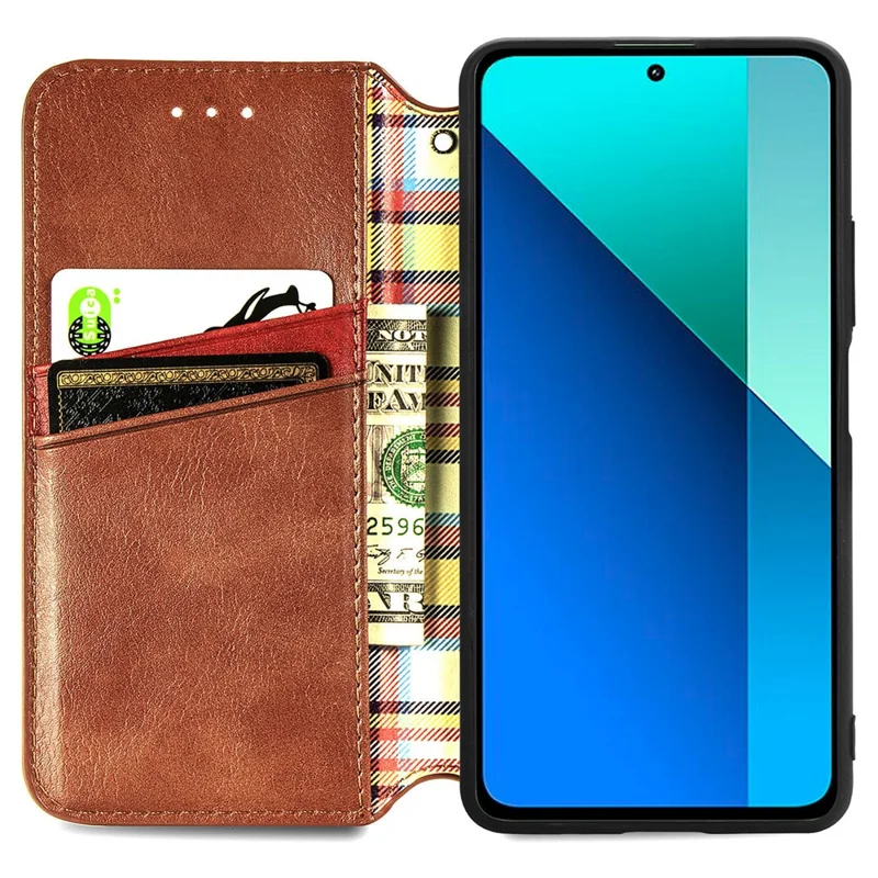 Voor Xiaomi Redmi Note 13 4G PU Leren Hoesje Ruitmotief Portemonnee Stand Hoetelefoonhoes - Bruin