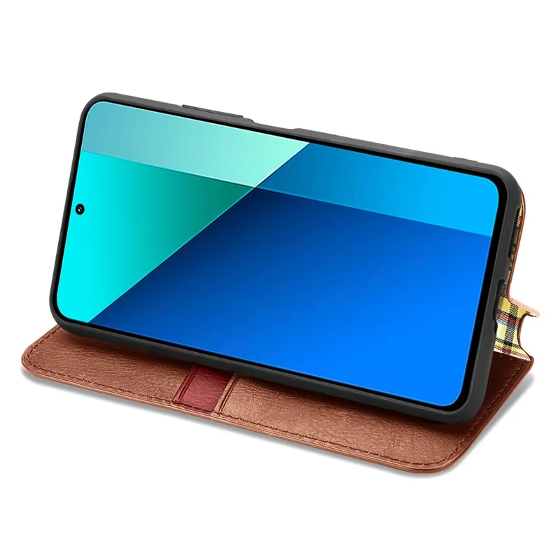 Voor Xiaomi Redmi Note 13 4G PU Leren Hoesje Ruitmotief Portemonnee Stand Hoetelefoonhoes - Bruin