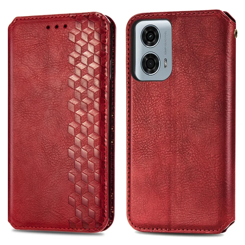 For Motorola Moto G24 Power PU Leather Case Rhombus Imprint Wallet Stand Phone Cover - Red