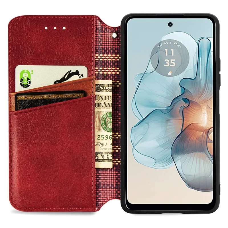 For Motorola Moto G24 Power PU Leather Case Rhombus Imprint Wallet Stand Phone Cover - Red
