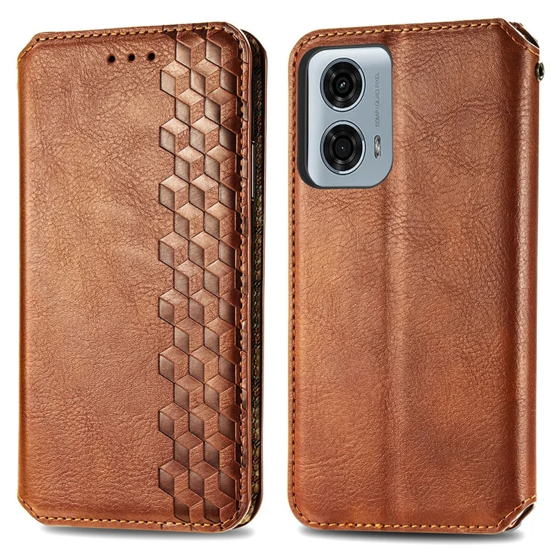For Motorola Moto G24 Power PU Leather Case Rhombus Imprint Wallet Stand Phone Cover - Brown