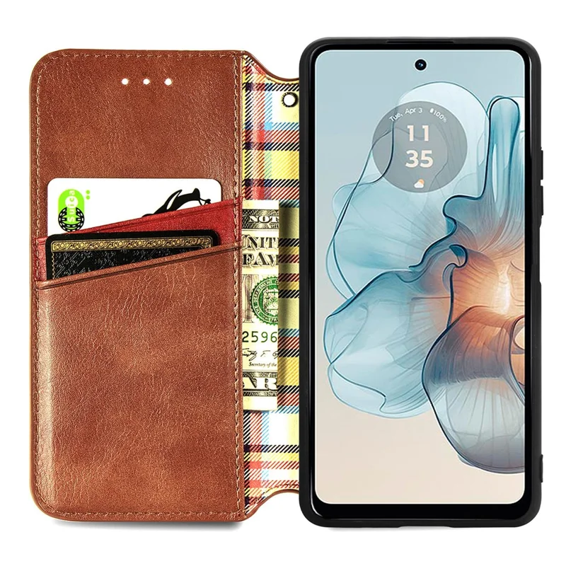 For Motorola Moto G24 Power PU Leather Case Rhombus Imprint Wallet Stand Phone Cover - Brown