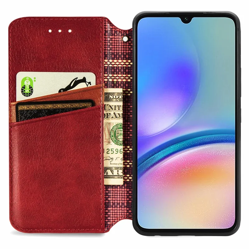 For Samsung Galaxy A05s 4G PU Leather Case Rhombus Imprint Wallet Stand Phone Cover - Red