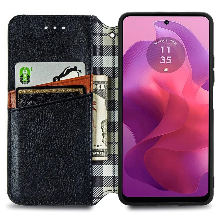 For Motorola Moto G24 4G / G04 4G Phone Case Imprinted Rhombus Leather Wallet Flip Cover - Black