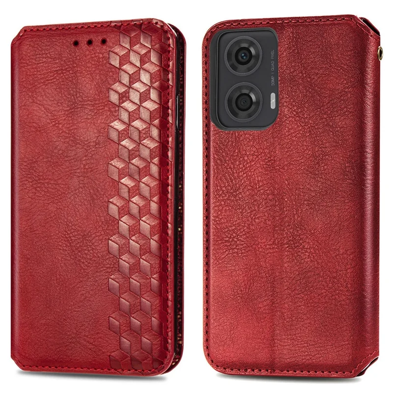 For Motorola Moto E14 4G / G04 4G / G04s 4G / G24 4G PU Leather Case Rhombus Imprint Wallet Stand Phone Cover - Red