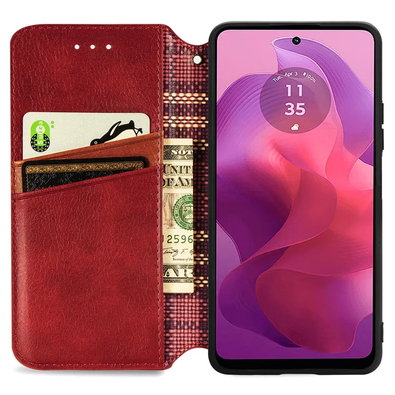 For Motorola Moto E14 4G / G04 4G / G04s 4G / G24 4G PU Leather Case Rhombus Imprint Wallet Stand Phone Cover - Red