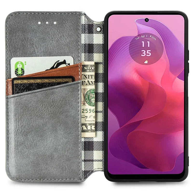 For Motorola Moto E14 4G / G04 4G / G04s 4G / G24 4G PU Leather Case Rhombus Imprint Wallet Stand Phone Cover - Grey