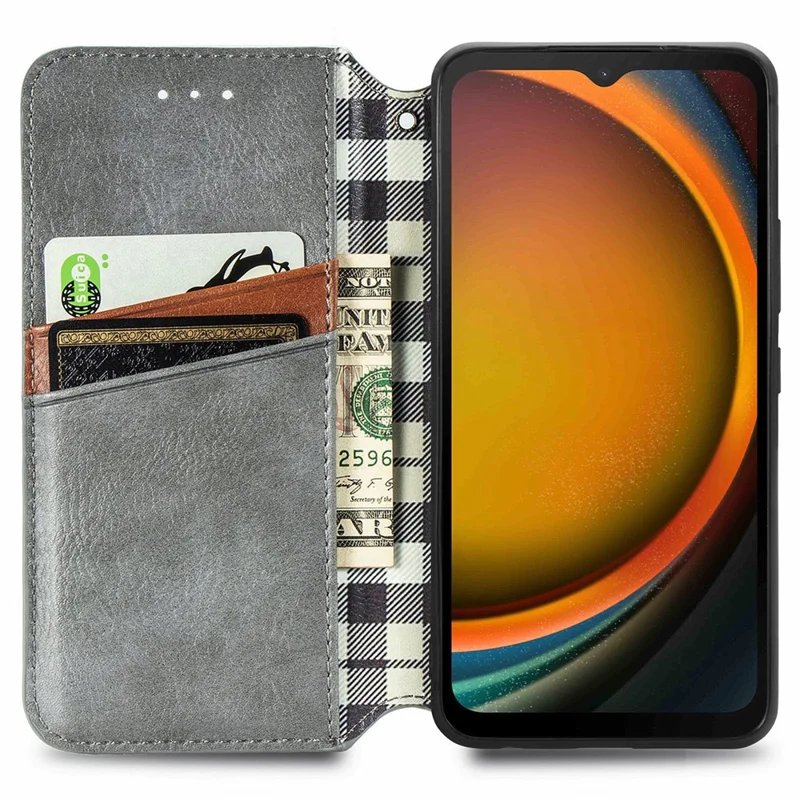 For Samsung Galaxy Xcover7 PU Leather Case Rhombus Imprint Wallet Stand Phone Cover - Grey