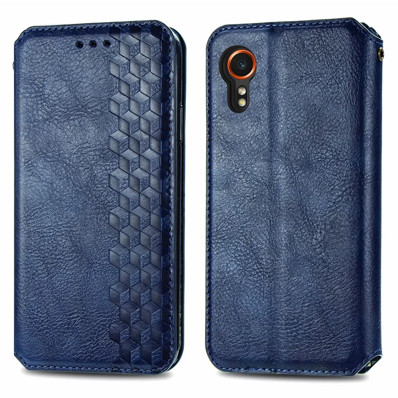 For Samsung Galaxy Xcover7 PU Leather Case Rhombus Imprint Wallet Stand Phone Cover - Blue