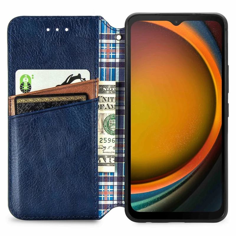 For Samsung Galaxy Xcover7 PU Leather Case Rhombus Imprint Wallet Stand Phone Cover - Blue