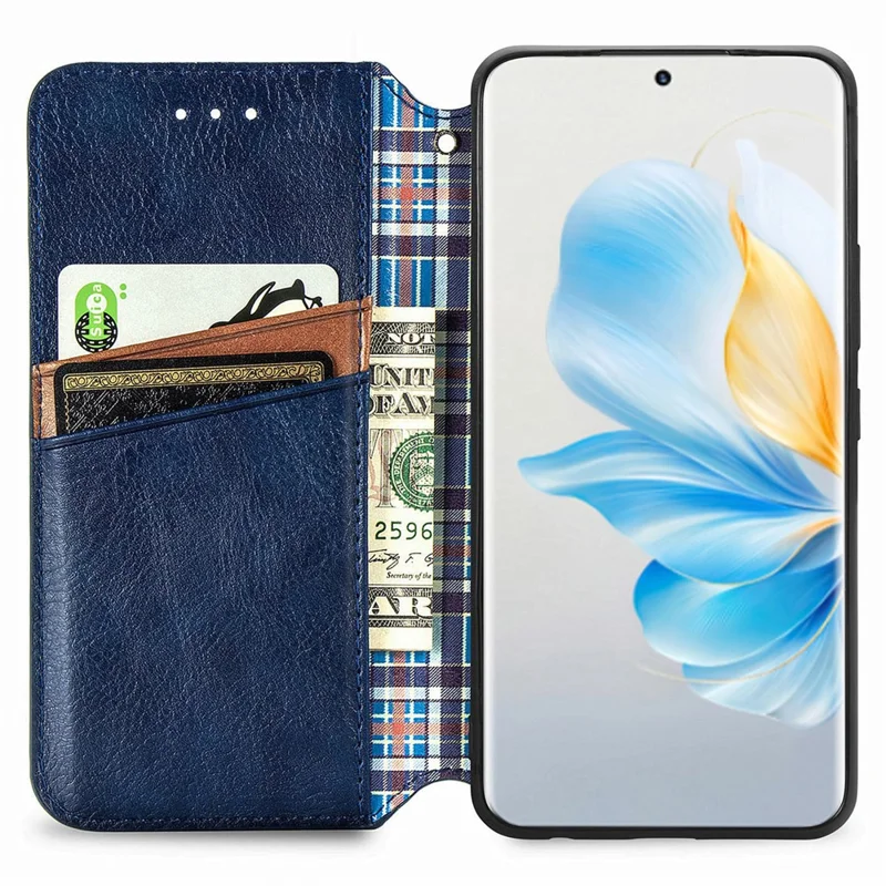 For Honor 100 5G PU Leather Case Rhombus Imprint Wallet Stand Phone Cover - Blue