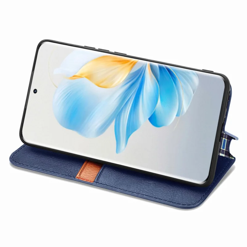 For Honor 100 5G PU Leather Case Rhombus Imprint Wallet Stand Phone Cover - Blue