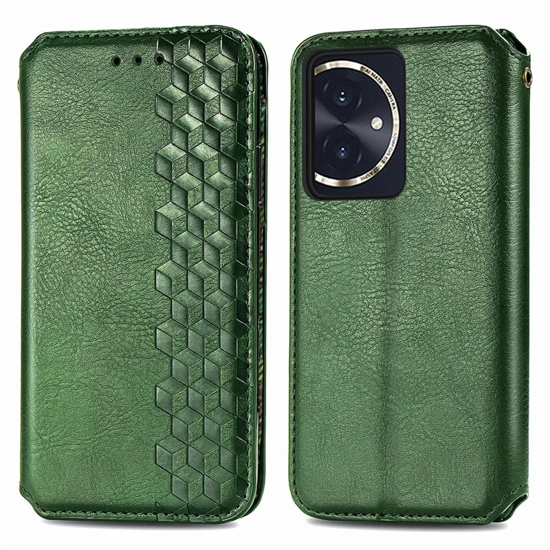 For Honor 100 5G PU Leather Case Rhombus Imprint Wallet Stand Phone Cover - Green