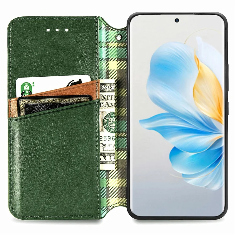 For Honor 100 5G PU Leather Case Rhombus Imprint Wallet Stand Phone Cover - Green