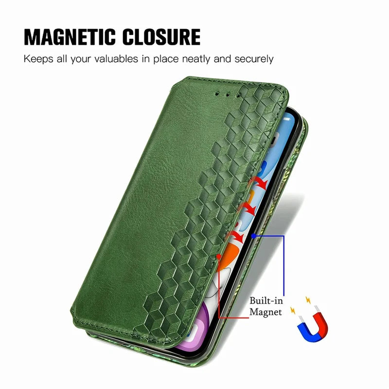For Honor 100 5G PU Leather Case Rhombus Imprint Wallet Stand Phone Cover - Green