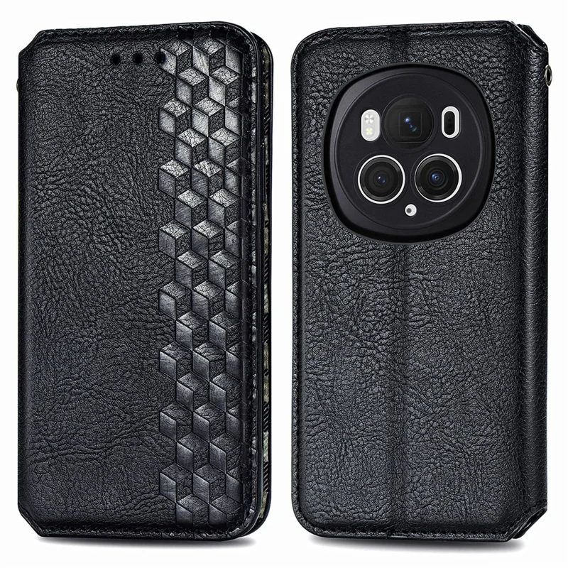 For Honor Magic6 Pro 5G PU Leather Shell Phone Stand Case Rhombus Imprinted Wallet Phone Cover - Black