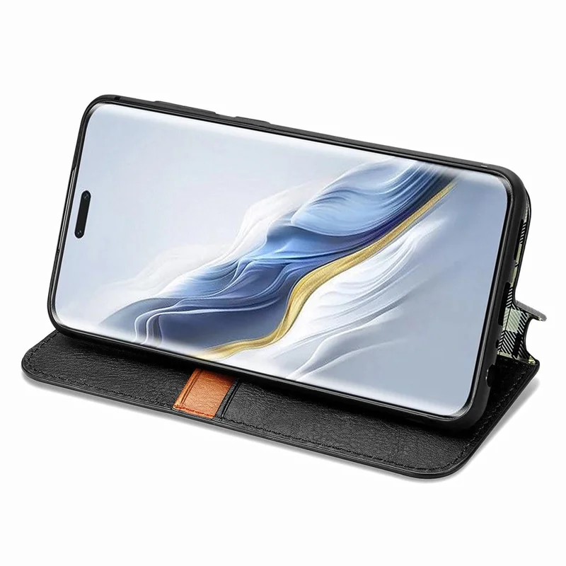 For Honor Magic6 Pro 5G PU Leder Shell Telefon Ständer-Hülle Rhombus Prägung Wallet Telefon Abdeckung - Schwarz