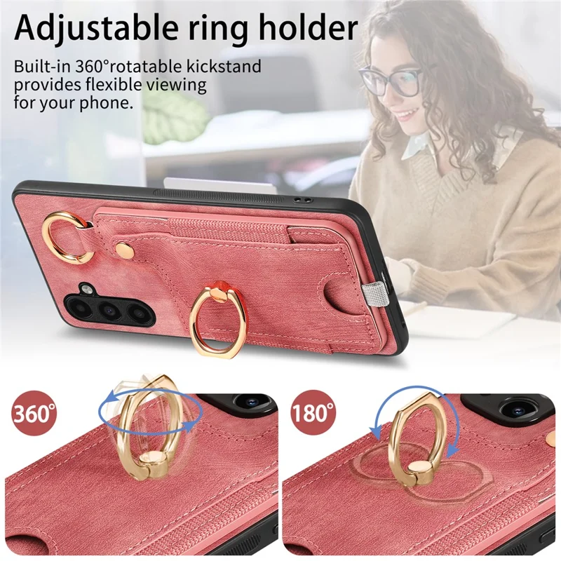 For Samsung Galaxy A24 4G (162.1 X 77.6 X 8.3mm) Cell Phone Case Leather Card Holder Phone Protector - Pink