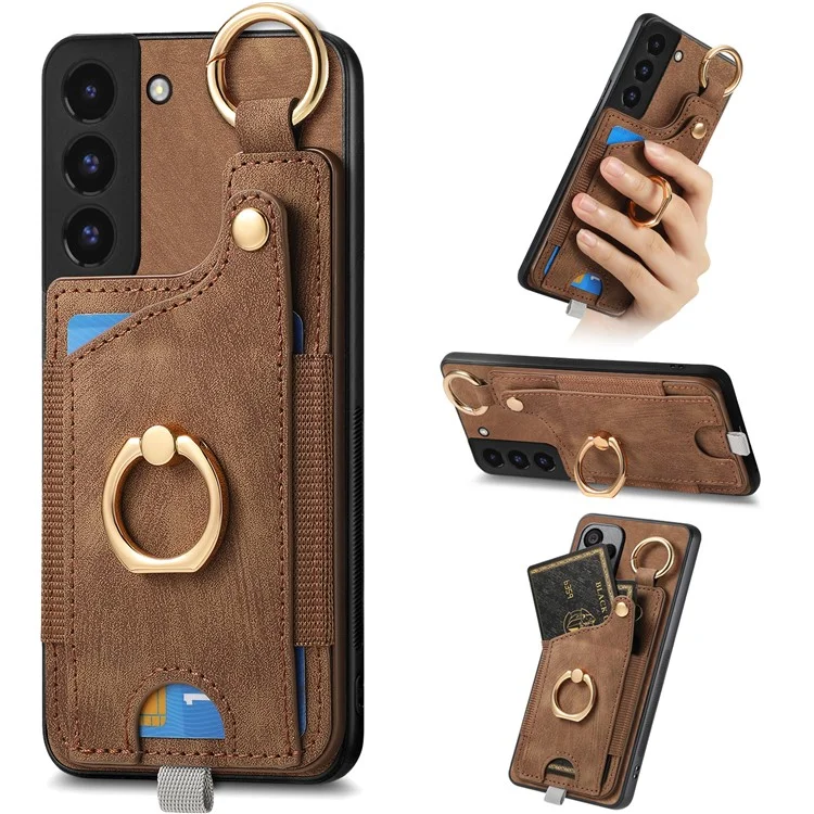 For Samsung Galaxy S22 5G Case Card Holder PU Leather+TPU Phone Shell - Brown
