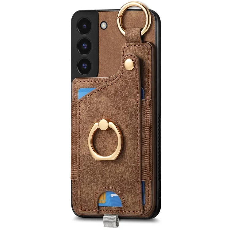 For Samsung Galaxy S22 5G Case Card Holder PU Leather+TPU Phone Shell - Brown