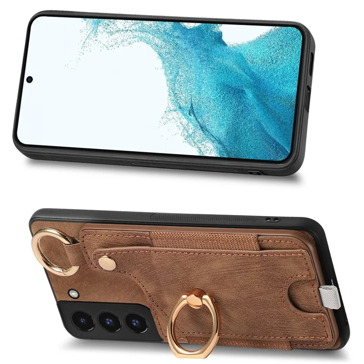 For Samsung Galaxy S22 5G Case Card Holder PU Leather+TPU Phone Shell - Brown