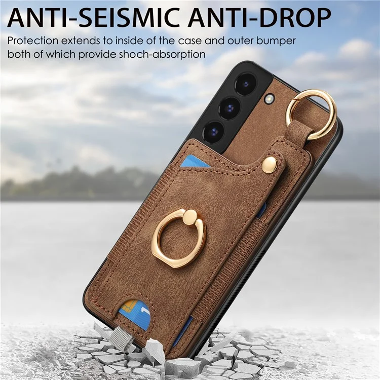 For Samsung Galaxy S22 5G Case Card Holder PU Leather+TPU Phone Shell - Brown