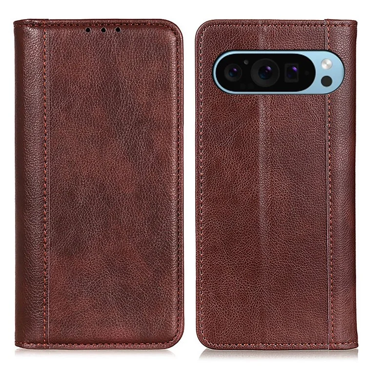Para Google Pixel 9 / Pixel 9 Pro Capa de Celular de Couro Dividido à Prova de Queda com Carteira e Suporte - Marrom