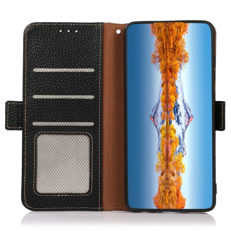 KHAZNEH For OnePlus Nord CE4 5G RFID Blocking Case Genuine Cow Leather Phone Cover - Black