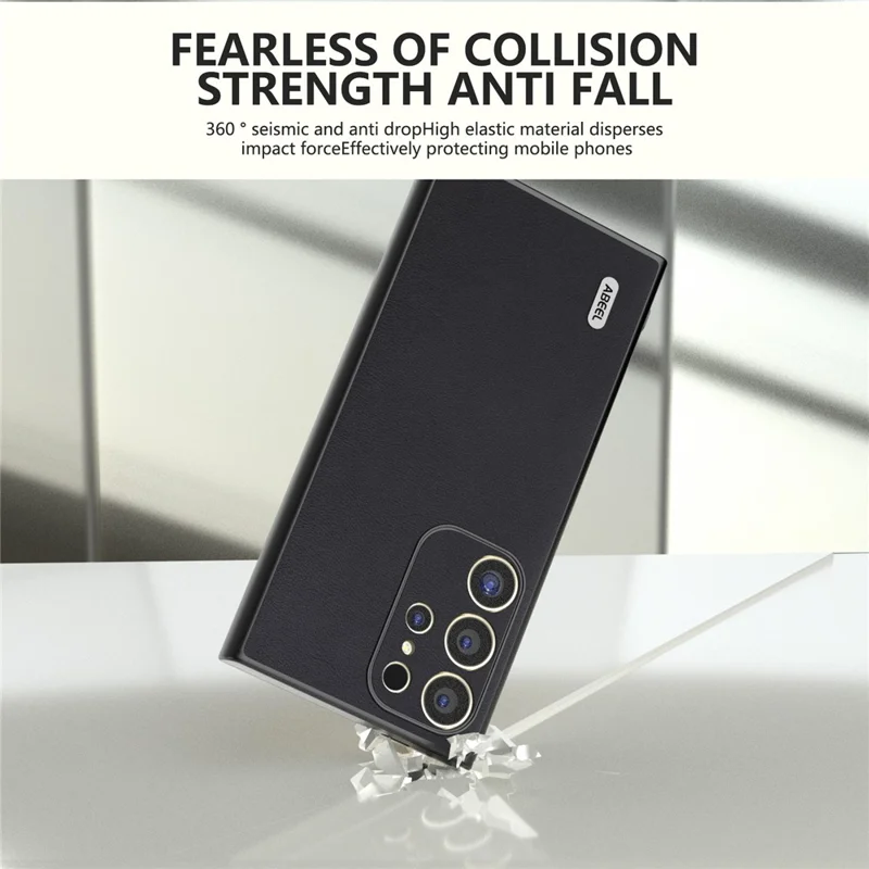ABEEL Pour Samsung Galaxy S24 Ultra Case Textured Leather Coated PC+TPU Hybrid Slim Cover - Noir