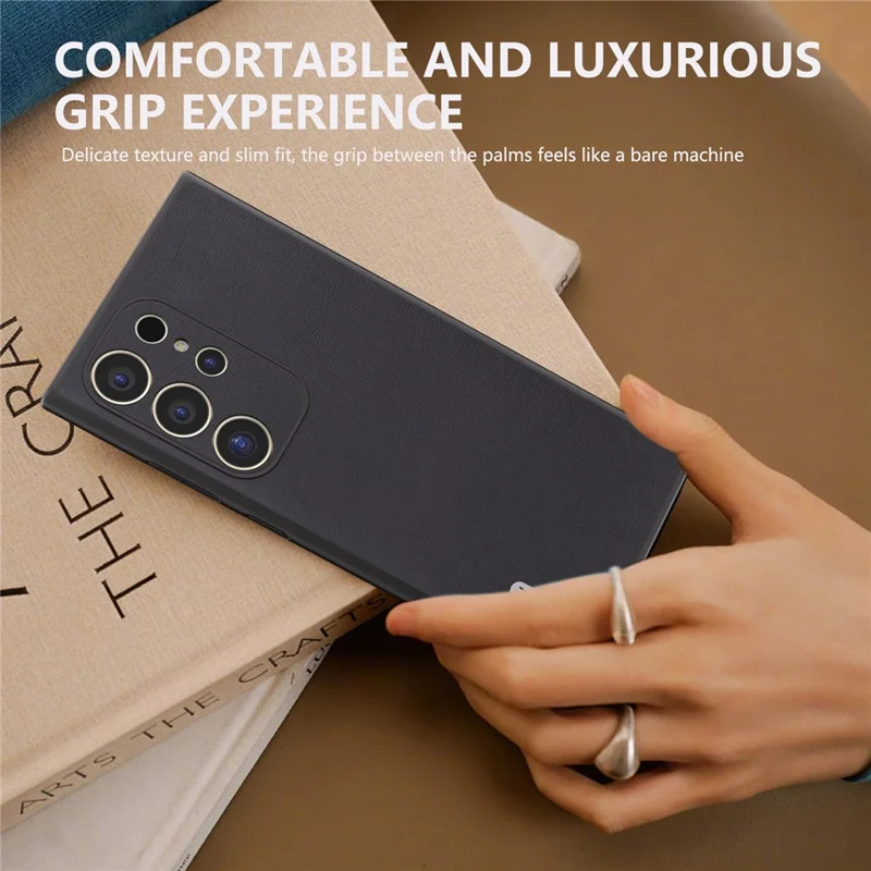 ABEEL Pour Samsung Galaxy S24 Ultra Case Textured Leather Coated PC+TPU Hybrid Slim Cover - Noir