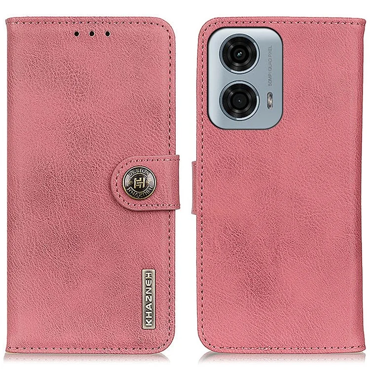 KHAZNEH For Motorola Moto E14 4G / G04 4G / G04s 4G / G24 4G Phone Case Leather Wallet Cowhide Texture Cover - Pink