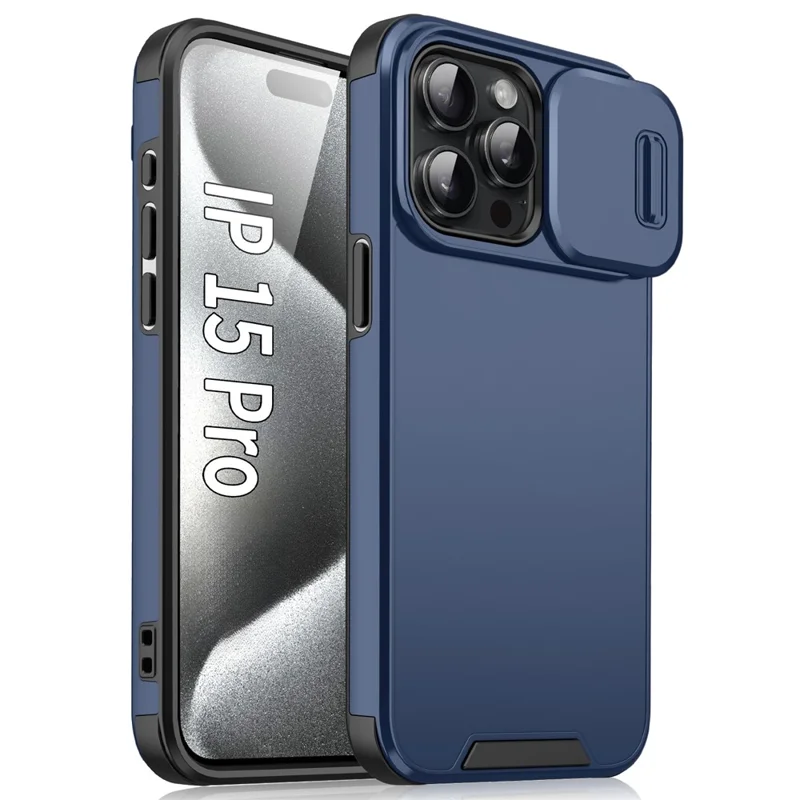 For iPhone 15 Pro Case Shockproof PC+TPU Cover with Slide Camera Guard - Blue