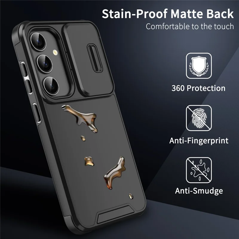 Per Samsung Galaxy S24+ Custodia PC+TPU Anti-impronta digitale Custodia per telefono con finestra a scorrimento per obiettivo - Nero