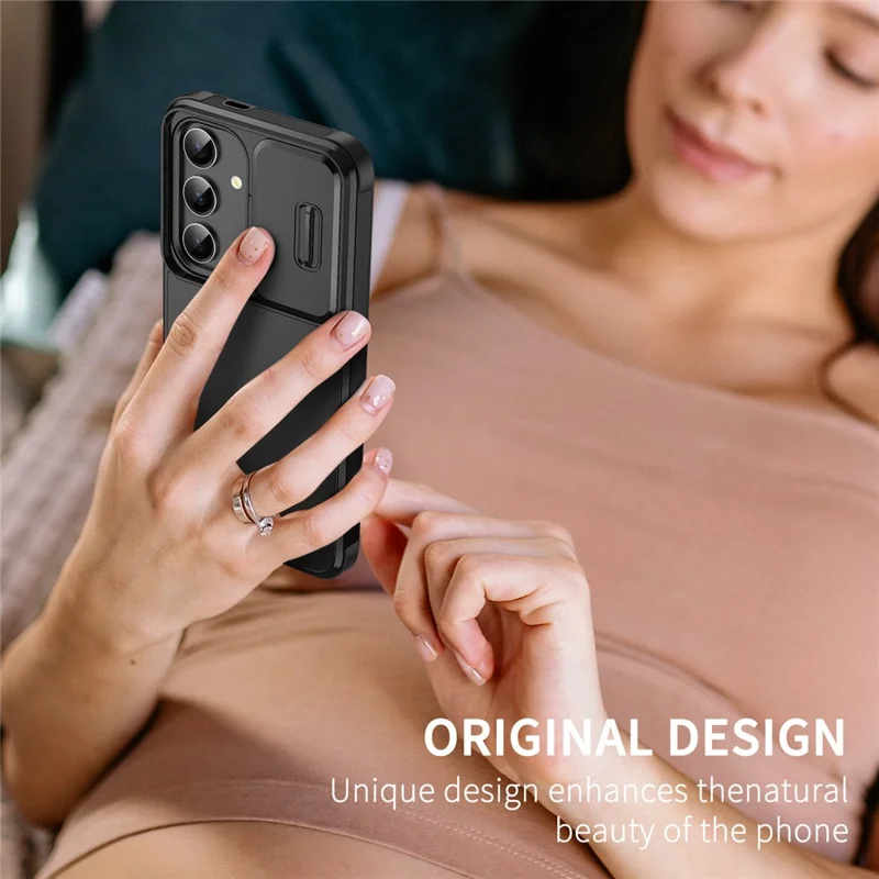 Per Samsung Galaxy S24+ Custodia PC+TPU Anti-impronta digitale Custodia per telefono con finestra a scorrimento per obiettivo - Nero