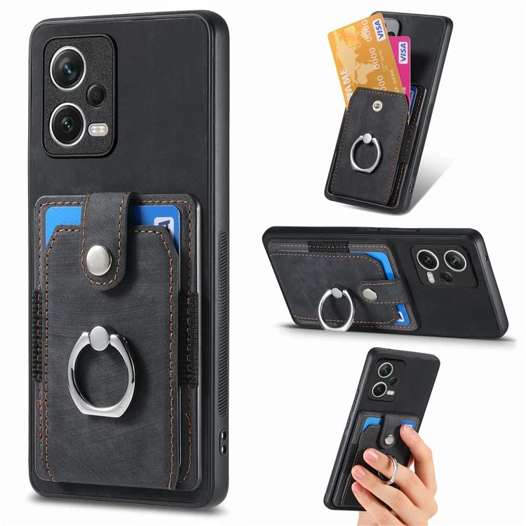 D2 For Xiaomi Redmi Note 12 Pro 5G Case Ring Kickstand Retro Leather+TPU Card Holder Phone Cover - Black