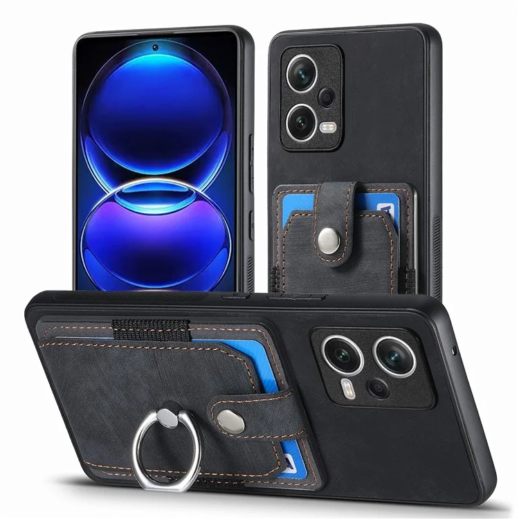D2 für Xiaomi Redmi Note 12 Pro 5G Case Ring Kickstand Retro Leder+TPU Kartenfach Handyhülle - Schwarz