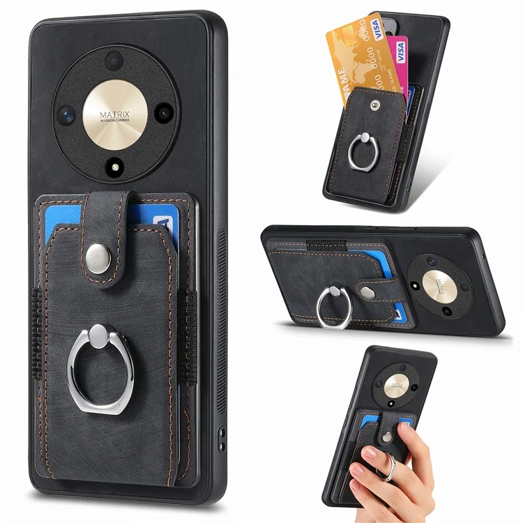 D2 For Honor X9b 5G / Magic6 Lite 5G Case Card Slots Retro PU Leather+TPU Kickstand Cover - Black