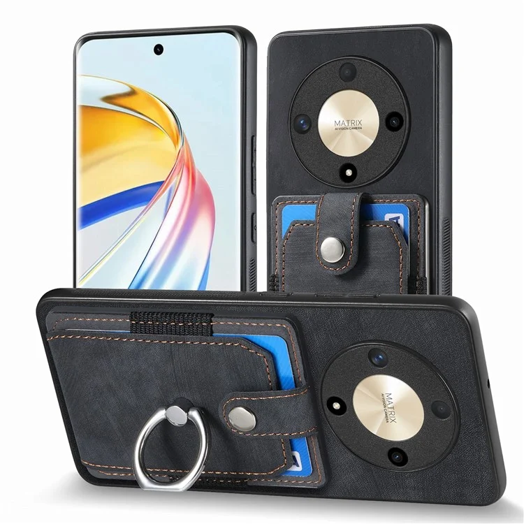 D2 For Honor X9b 5G / Magic6 Lite 5G Case Card Slots Retro PU Leather+TPU Kickstand Cover - Black