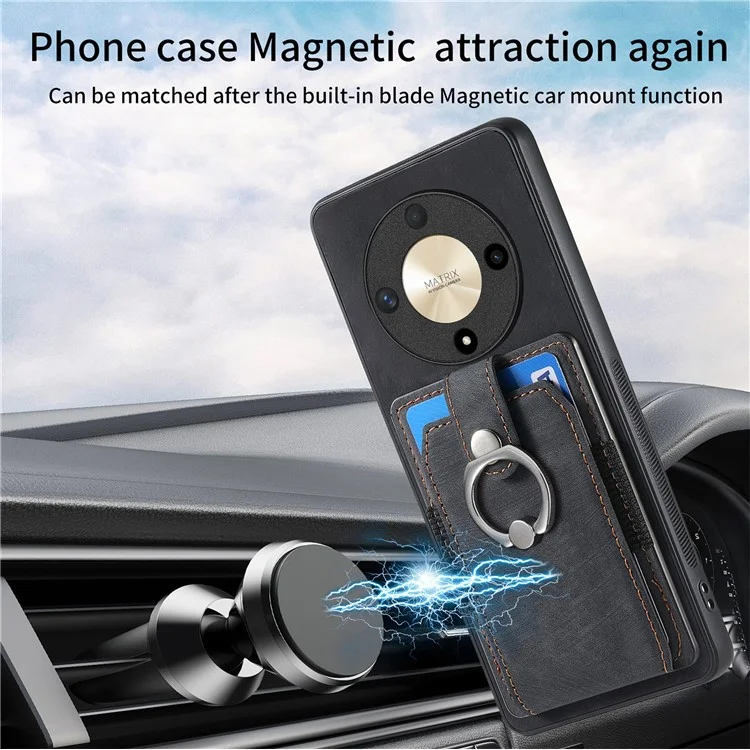 D2 For Honor X9b 5G / Magic6 Lite 5G Case Card Slots Retro PU Leather+TPU Kickstand Cover - Black