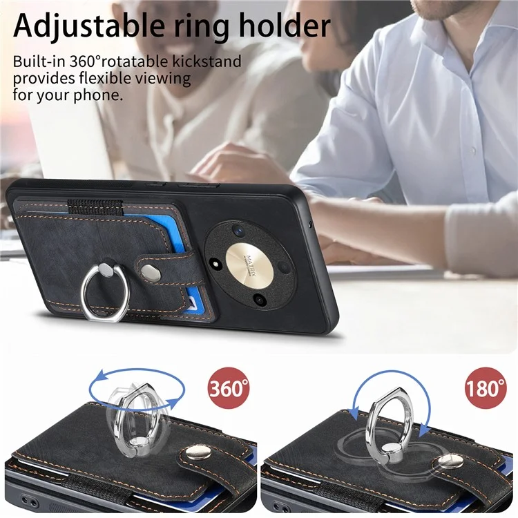 D2 For Honor X9b 5G / Magic6 Lite 5G Case Card Slots Retro PU Leather+TPU Kickstand Cover - Black