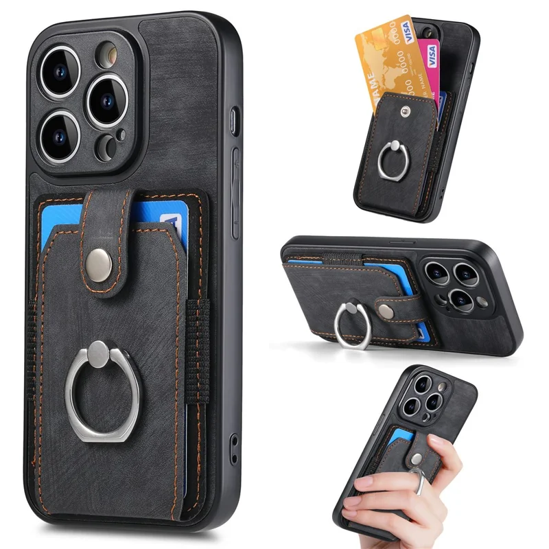 D2 For iPhone 14 Pro PU Leather+TPU Phone Cover Kickstand Card Holder Phone Case - Black