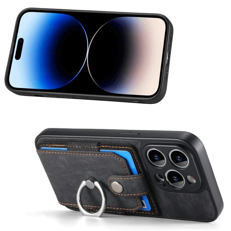 D2 For iPhone 14 Pro PU Leather+TPU Phone Cover Kickstand Card Holder Phone Case - Black