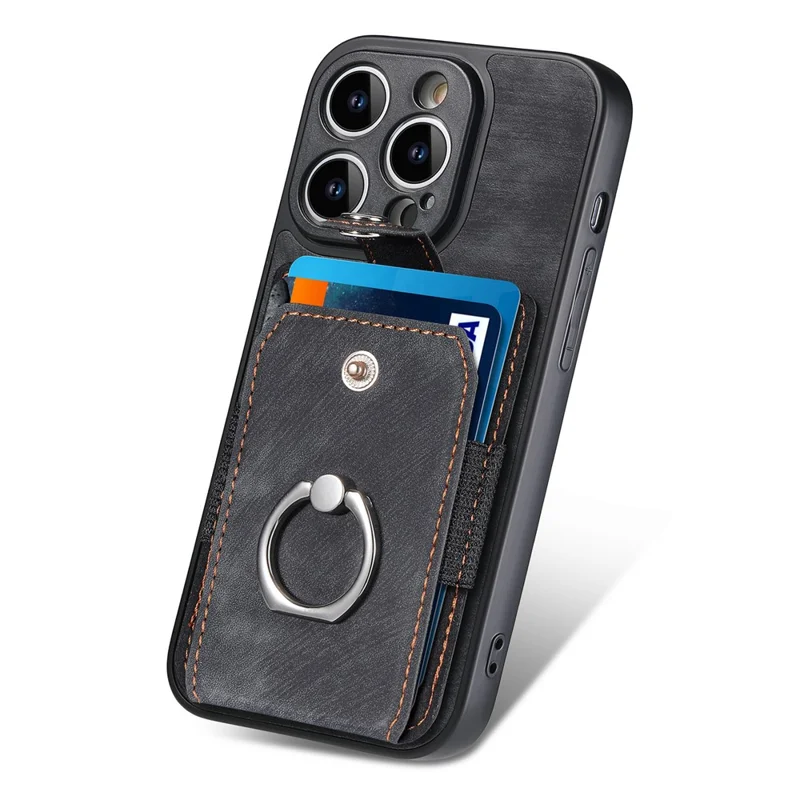 D2 For iPhone 14 Pro PU Leather+TPU Phone Cover Kickstand Card Holder Phone Case - Black