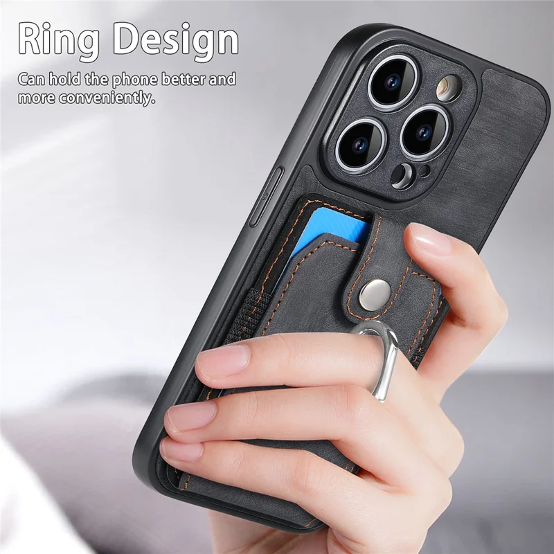 D2 For iPhone 14 Pro PU Leather+TPU Phone Cover Kickstand Card Holder Phone Case - Black