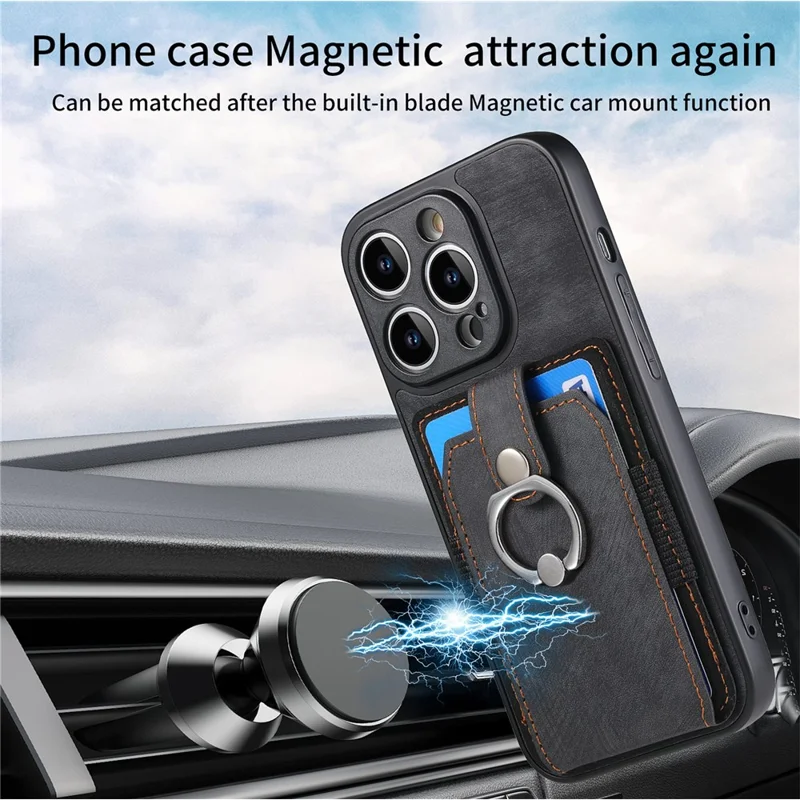 D2 For iPhone 14 Pro PU Leather+TPU Phone Cover Kickstand Card Holder Phone Case - Black