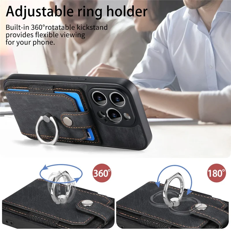 D2 For iPhone 14 Pro PU Leather+TPU Phone Cover Kickstand Card Holder Phone Case - Black